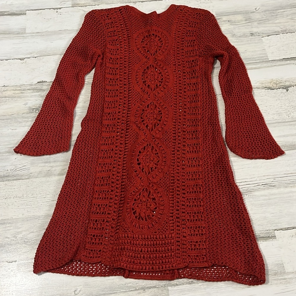 Free People Rosalind Burnt Orange Crochet Long Sleeve Dress Size Small - Picture 4 of 8